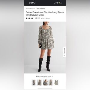 Printed Sweetheart Neckline Long Sleeve Mini Babydoll Dress